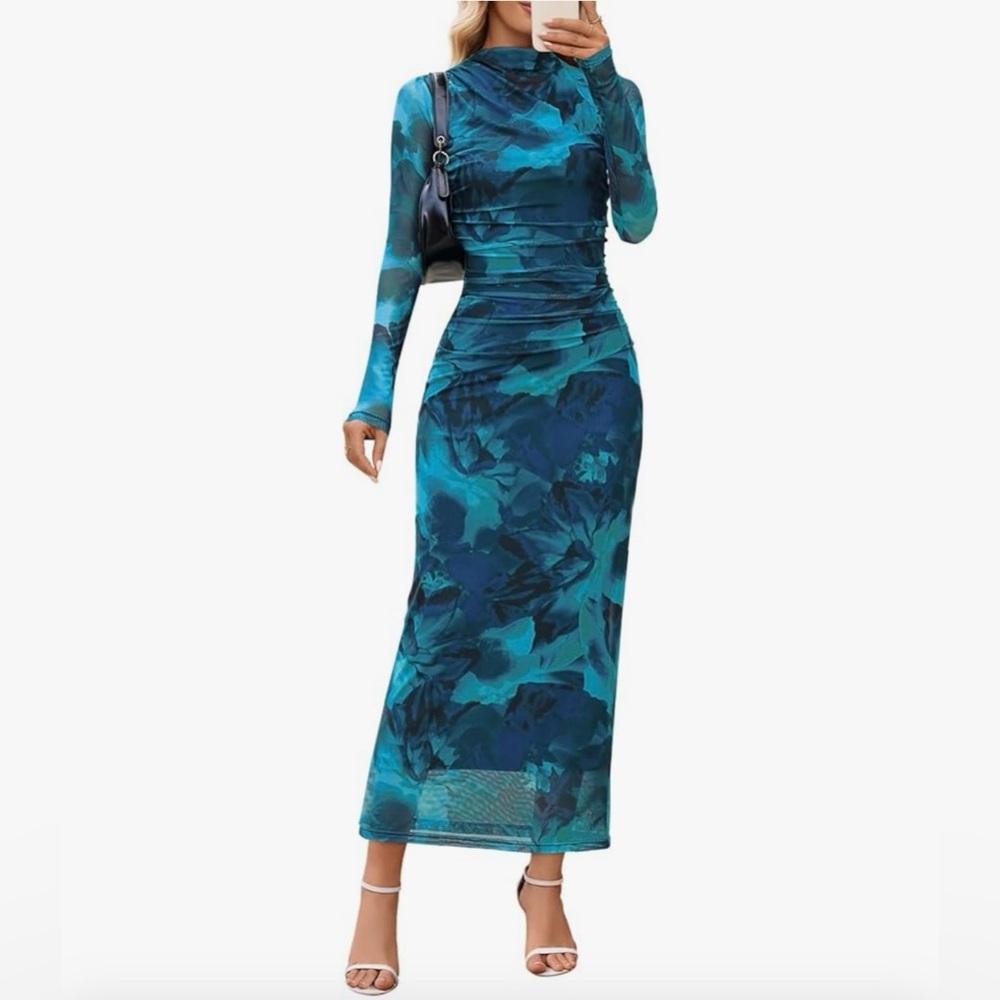 Blue Floral Mesh Maxi Dress - Long Sleeve Ruched Bodycon - Size S